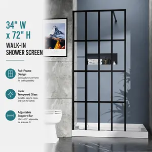 34" W x 72" H Walk-in Shower Screen, Full-Frame Clear Tempered Glass Panel, Matte Black Aluminum Frame with Adjustable Support Bar