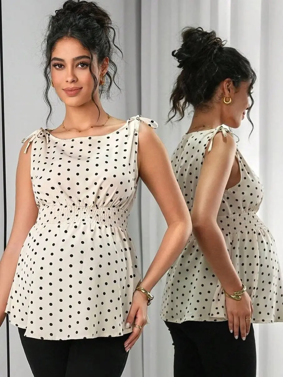 Momance Maternity Polka Dot Print Knotted Shoulder & Waist Stylish Camisole