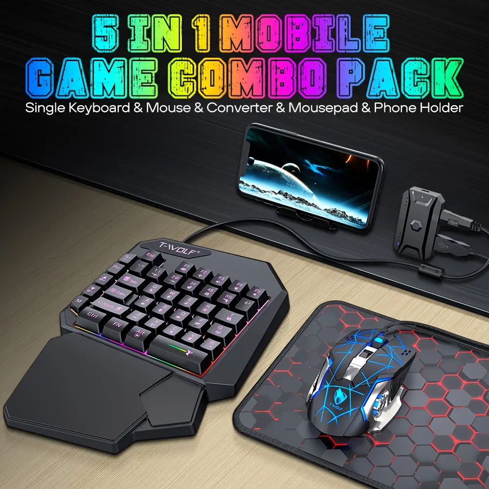 Android Gaming Keyboard Mouse Converter Set 5-in-1 with One-Handed Keyboard Rainbow RGB Backlight Ergonomic Wrist Support for Android Phone Tablet
