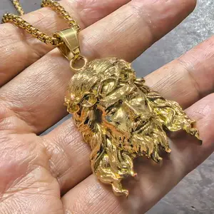 Men's Jesus Pendant Necklace - Large Religious Jewelry with Portrait, Golden-Toned Chain for Everyday Christian Faith Expression, Gift Men Birthday, Christmas, Easter Present, Intricate Detailing, 304 Stainless Steel J
