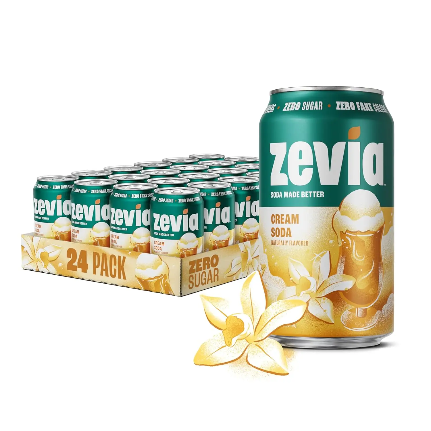 Zevia Zero Sugar Cream Soda | 24 Pack of 12 oz Cans | Naturally Sweetened with Stevia | Non-GMO, Gluten Free, Vegan, Sparkling Soft Drink