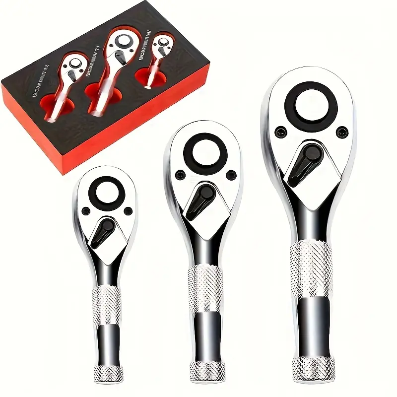 3pcs Stubby Socket Ratchet Wrench Set Socket Wrench Kit for Tight Spaces 72-Tooth 1/4 3/8 1/2 Drive Mechanic Tool Ratcheting Wrenches