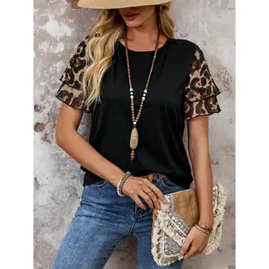 Summer Tops Leopard Print/Cheetah Print Patchwork Pleated Sleeve Women's Boho T-Shirt