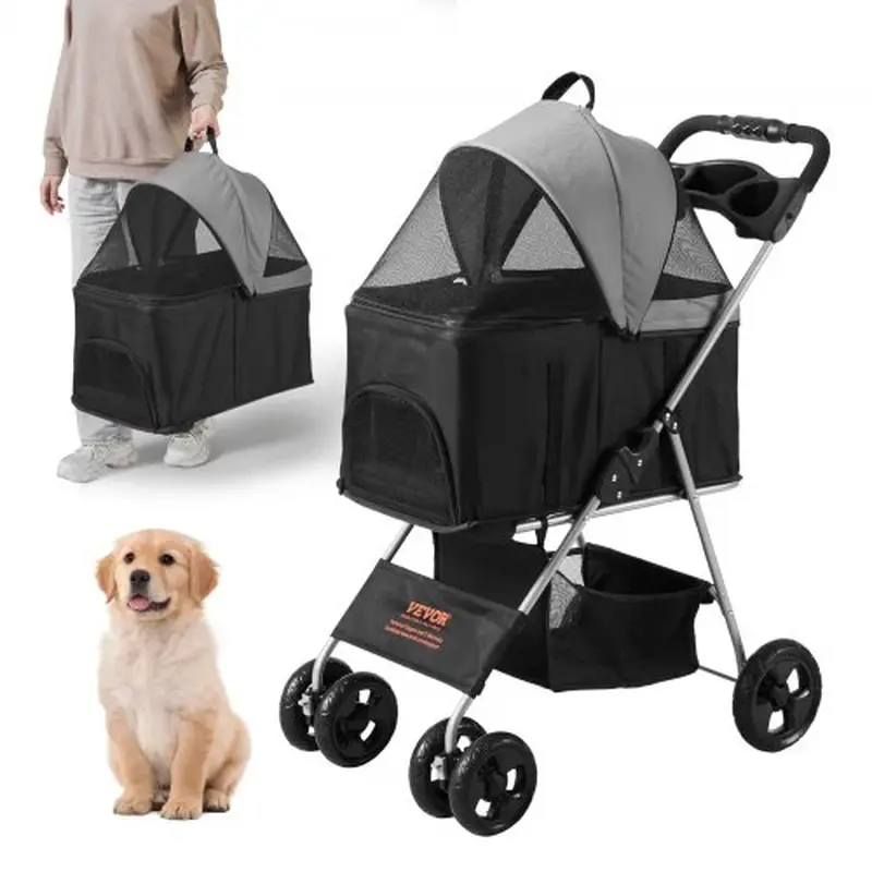 VEVOR Pet Stroller, 4 Wheels Dog Stroller Rotate with Brakes, 35Lbs Weight Capacity, Puppy Stroller with Detachable Carrier, Storage Basket and Cup Holder, for Dogs and Cats Travel, Black+Dark Grey Does not apply