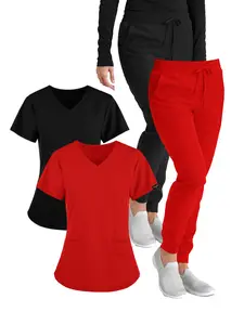 4 Piece Set Women's Plus Size Scrubs, Jogger Knit Stretch Fabric Medical Nurse Uniform, Lab Coats, Workwear, Pocket Tops, Breathable Hand Washing Jacket Set