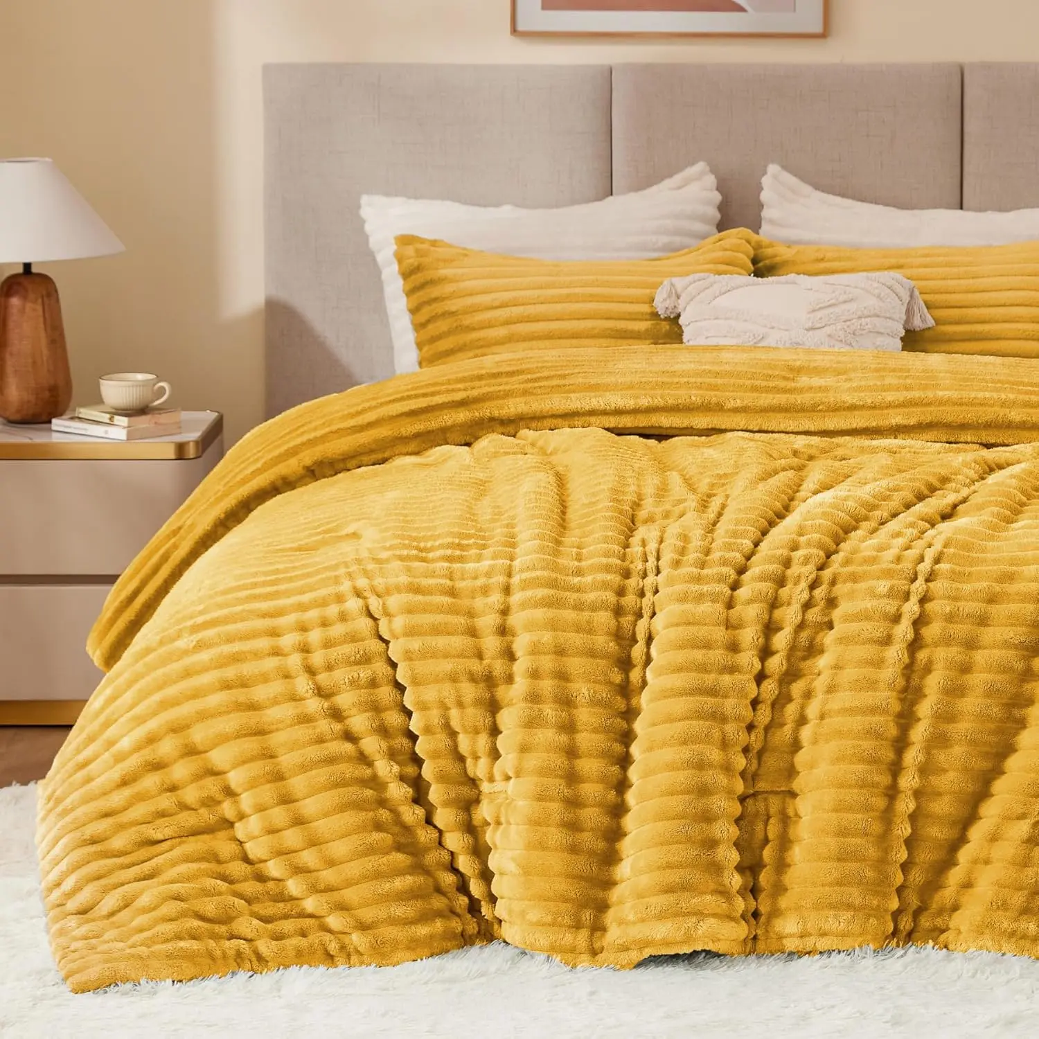 Queen Comforter Set with 2 Pillow Cases - Stripe Modern Down Alternative Bedding, 3D Touching, Super Warm Fluffy Mustard Yellow Fuzzy Heavy Winter All Seasons Bedding, Unique Style, Affluent Look