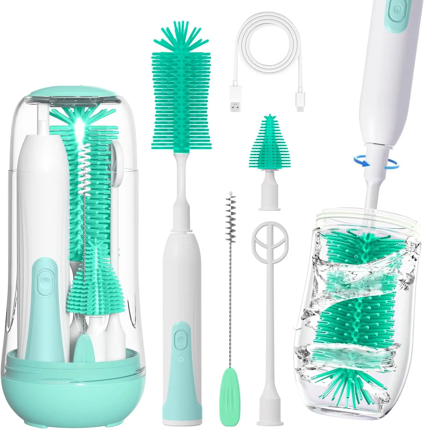 Electric Bottle Brush Cleaner, Electric Baby Bottle Cleaner with Replaceable Silicone Bottle Brushes,Nipple and Straw Brush, Travel Bottle Brush Set w