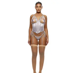 Forplay Peep Show 3-Piece Sequin Fringe Bustier Lingerie Set - Silver
