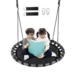 43 Inch Black Saucer Tree Swing For Kids,Flying Round Swing  Waterproof And All-Weather Resistant,Pp Mat,Adjustable Strong Ropes,Easy To Install,Outdoor Playground Backyard