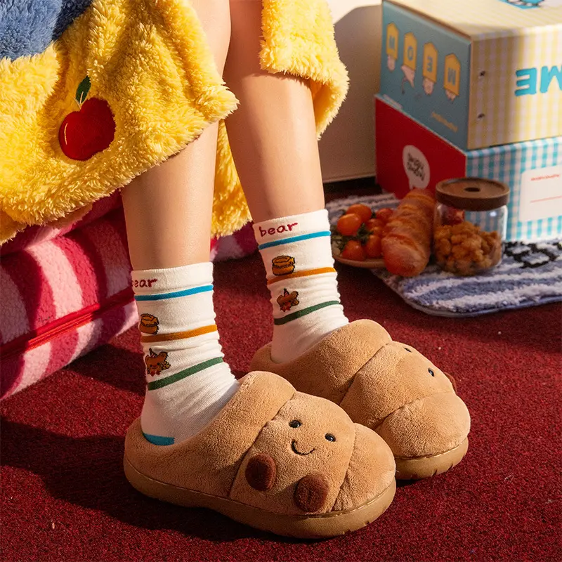 Women's Men's Cozy Fuzzy Croissant Slippers Cute Cartoon Pastry Design Thick Plush Soft Non-Slip Sole Slide-On, Warm Indoor-Outdoor Winter Footwear, Unique Holiday Gift