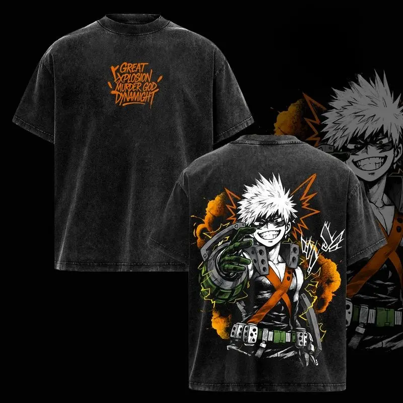 Men's My Hero Academia Bakugo Manga Logo T-Shirt, Oversized Vintage Washed Cotton Streetwear Top for Cosplay, Bakugou Manga Logo Men's Short-Sleeve T-Shirts, Katsuki Bakugou Graphic Men's Short-Sleeve T-Shirts