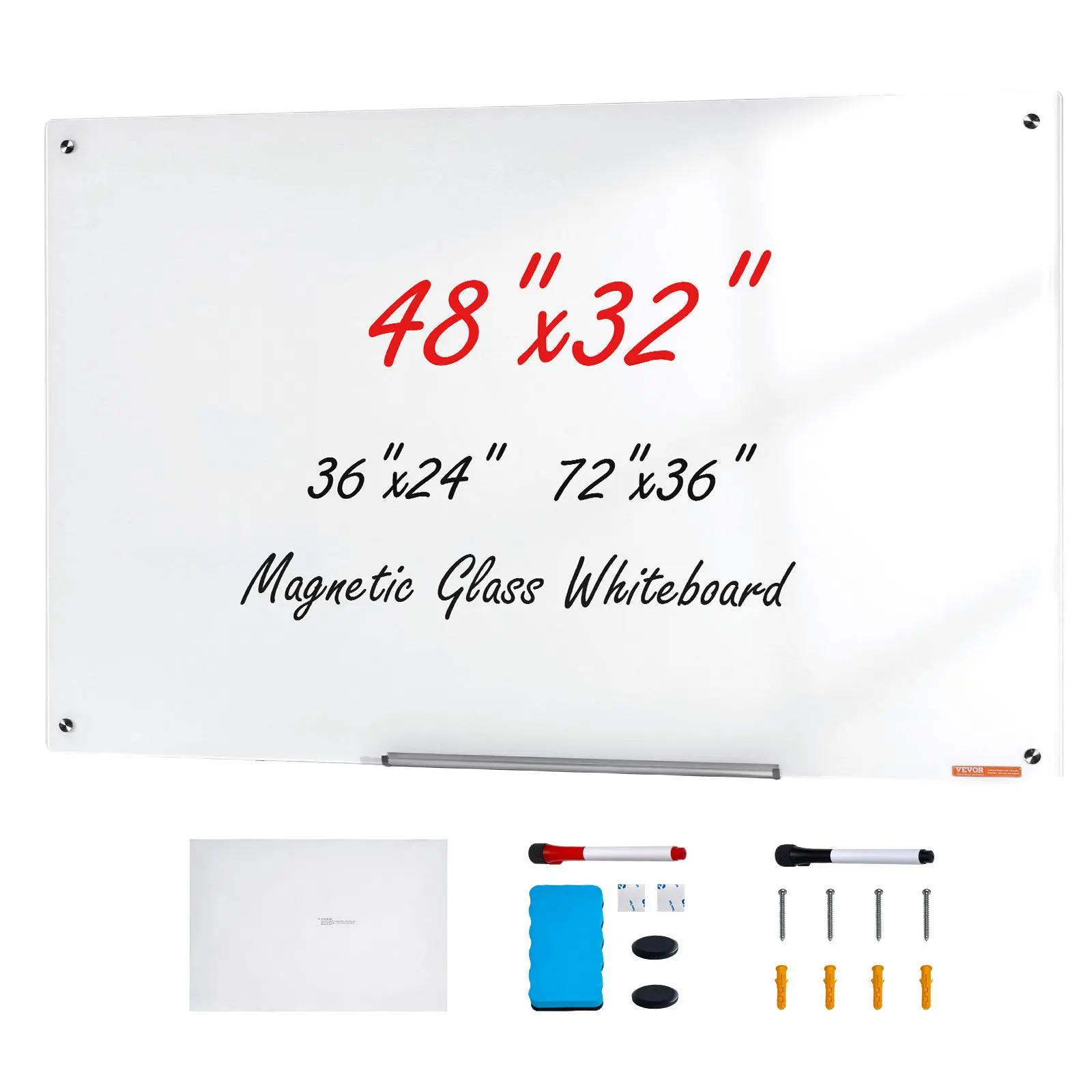 【SummerFinds】VEVOR Frameless Tempered Glass Magnetic White Board Kit, 48"x32" Wall-Mounted Board with Marker Tray, Eraser, 2 Dry Erase Pens, Easy Installation, for Teaching, Presentations, Personal Notes, Office Supply, Magnetic Message Board