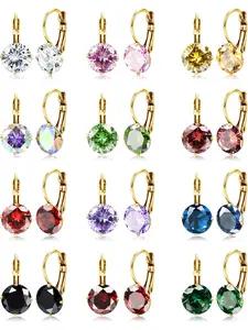 12 Pairs Leverback Dangle Earrings Set for Women Fashion Earrings Gold Plated CZ Stainless Steel Earrings 6/10MM Multicolor Cubic Zirconia Drop Earrings