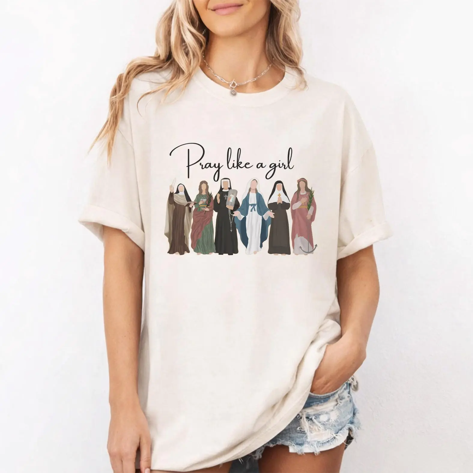 Comfort Colors Pray Like a Girl Shirt, Catholic Women Graphic Tee, Female Saints Shirt, Gift for Christian Women