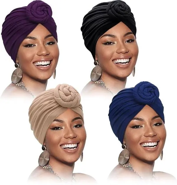 4 Packs Turbans Head Wrap for Women Chemo Head Wraps Stretch Soft Pre Tied Knot Fashion Cancer Hat Turban Headwear Cap