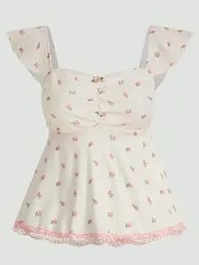 Women's Heart Neckline Ditsy Floral Print Sleeveless A-Line Top, Summer French Sweet Slim Fit Short Blouse with Ruffle Design