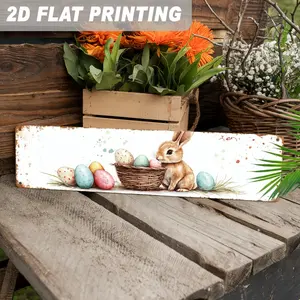 2D Easter Bunny with Colorful Eggs Metal Sign Easter Decor Vintage Farmhouse Style Wall Hanging Decor for Kitchen, Entryway, Living Room Decorative Signs & Plaques 4*16inch