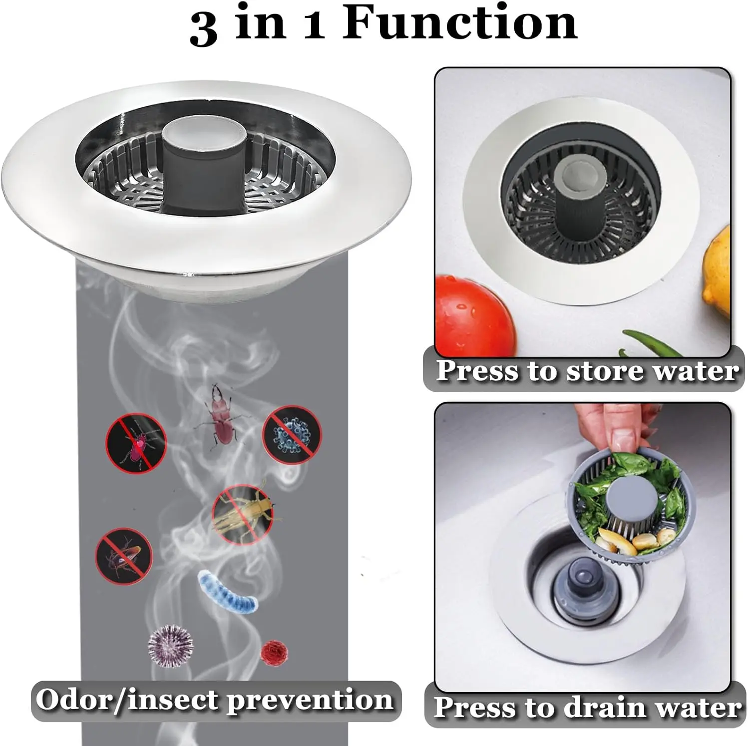 3-in-1 Function Metal Brass Electroplate Silver Kitchen Sink Plug - Anti-Clogging Pop-Up Drain Strainer with Extra Basket Strainer, ABS Component, US Std Fit for 2.83-3.38 in & 3.5 in Sinks for Hotels, Homeowners