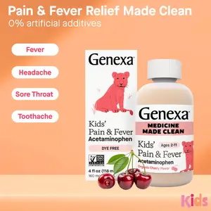 Genexa Children's Clean Acetaminophen | Pediatrician Preferred Ingredients | Pain & Fever Reducer for Kids | Dye Free, 0% Artificial Additives | Ages 2-11, Delicious Organic Cherry Liquid, 4 fl oz