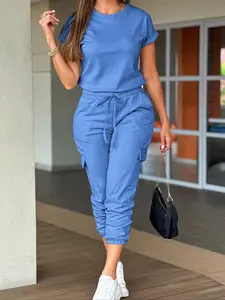 Pure Color Casual Daily Round Neck Drawstring Cuffed Jumpsuit, Comfortable and Stylish All-Season Wear, Perfect for Everyday Use