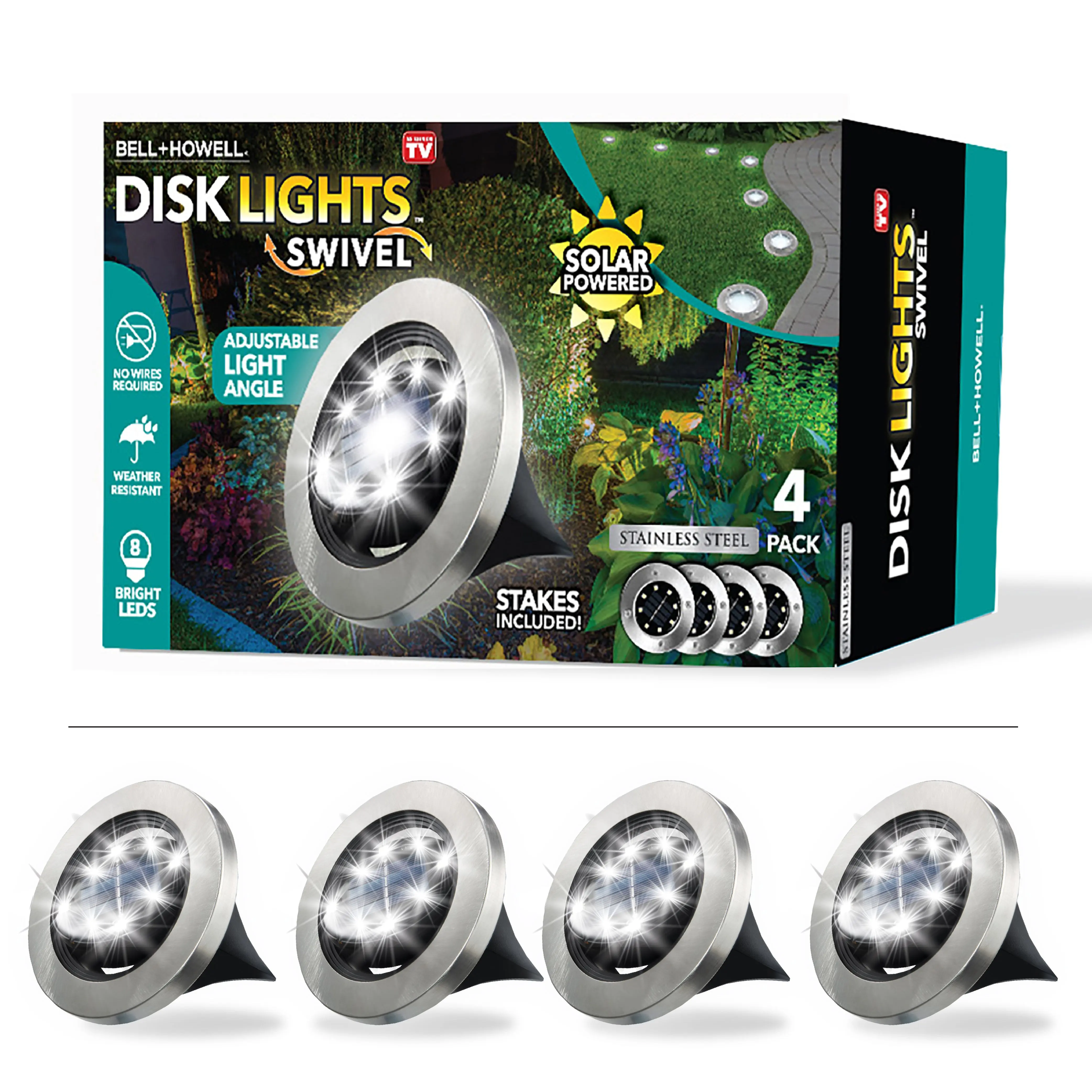 Bell + Howell Stainless Steel Disk Lights, Solar Powered, Pathway & Landscape Swivel Lights Bell + Howell Stainless Steel Disk Lights, Solar Powered, Pathway & Landscape Swivel Lights