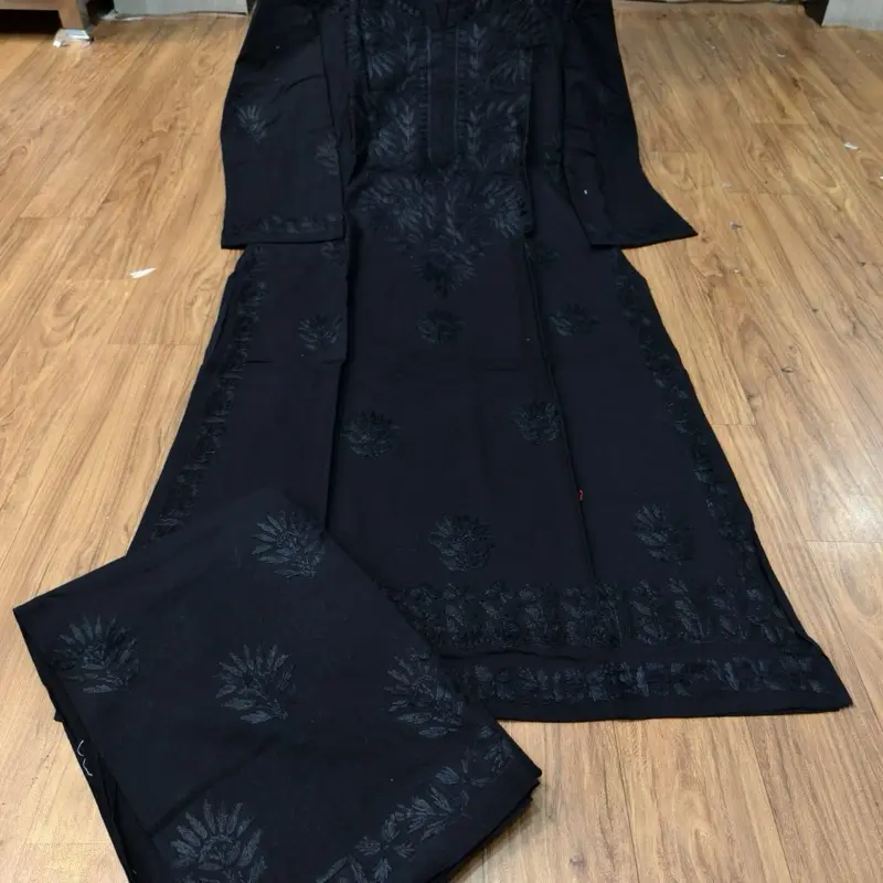 Chikankari Premium Mul Cotton size 36 Lakhnawi Tone To Tone Kurti Plazoo Set - Pure Fine Quality Black Chikan Embroidery