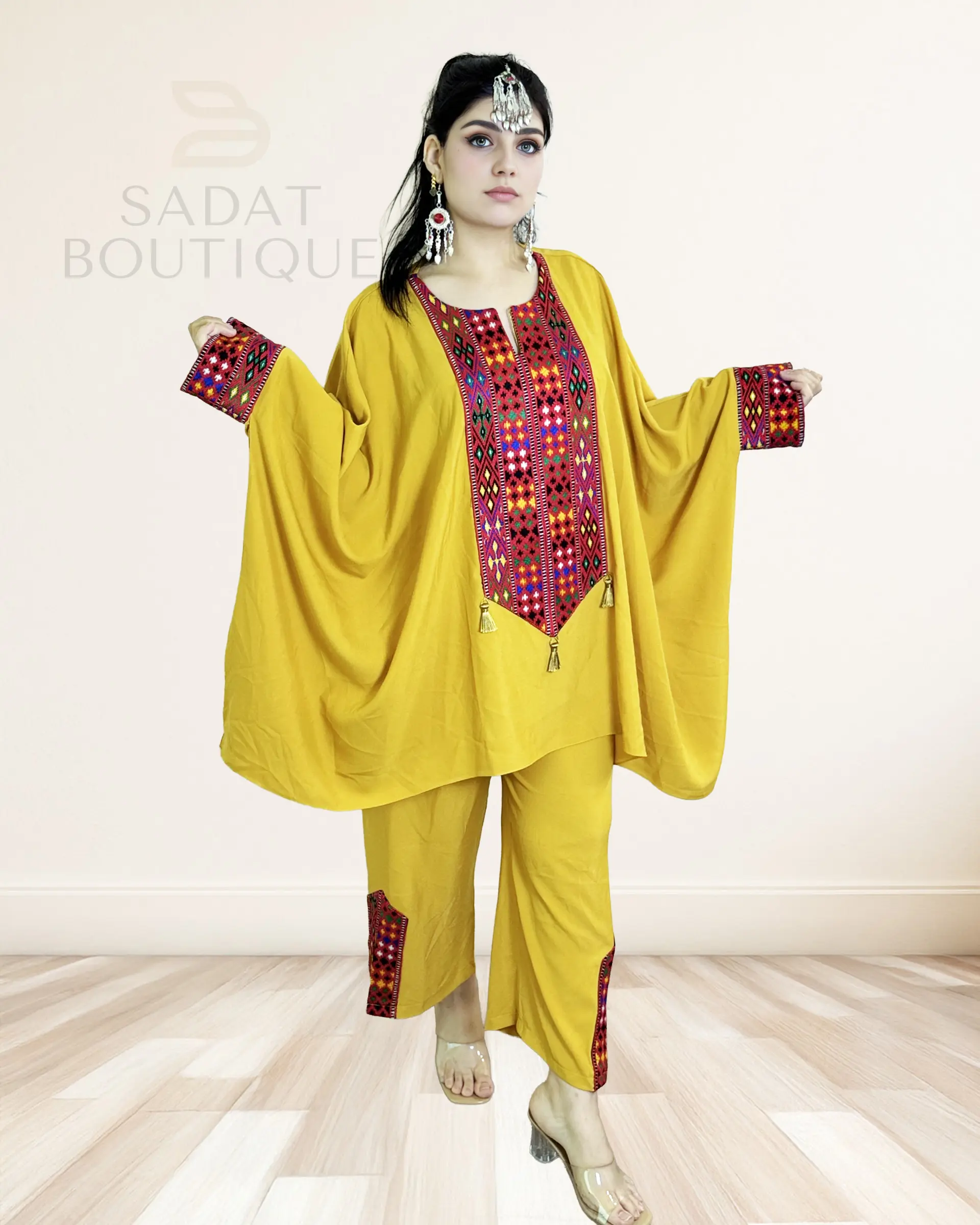 Sadat Boutique Women's Modest Mustard Yellow Afghan Casual Set - Colorful Embroidery, Casual Wear Clothes, Lady's Dress