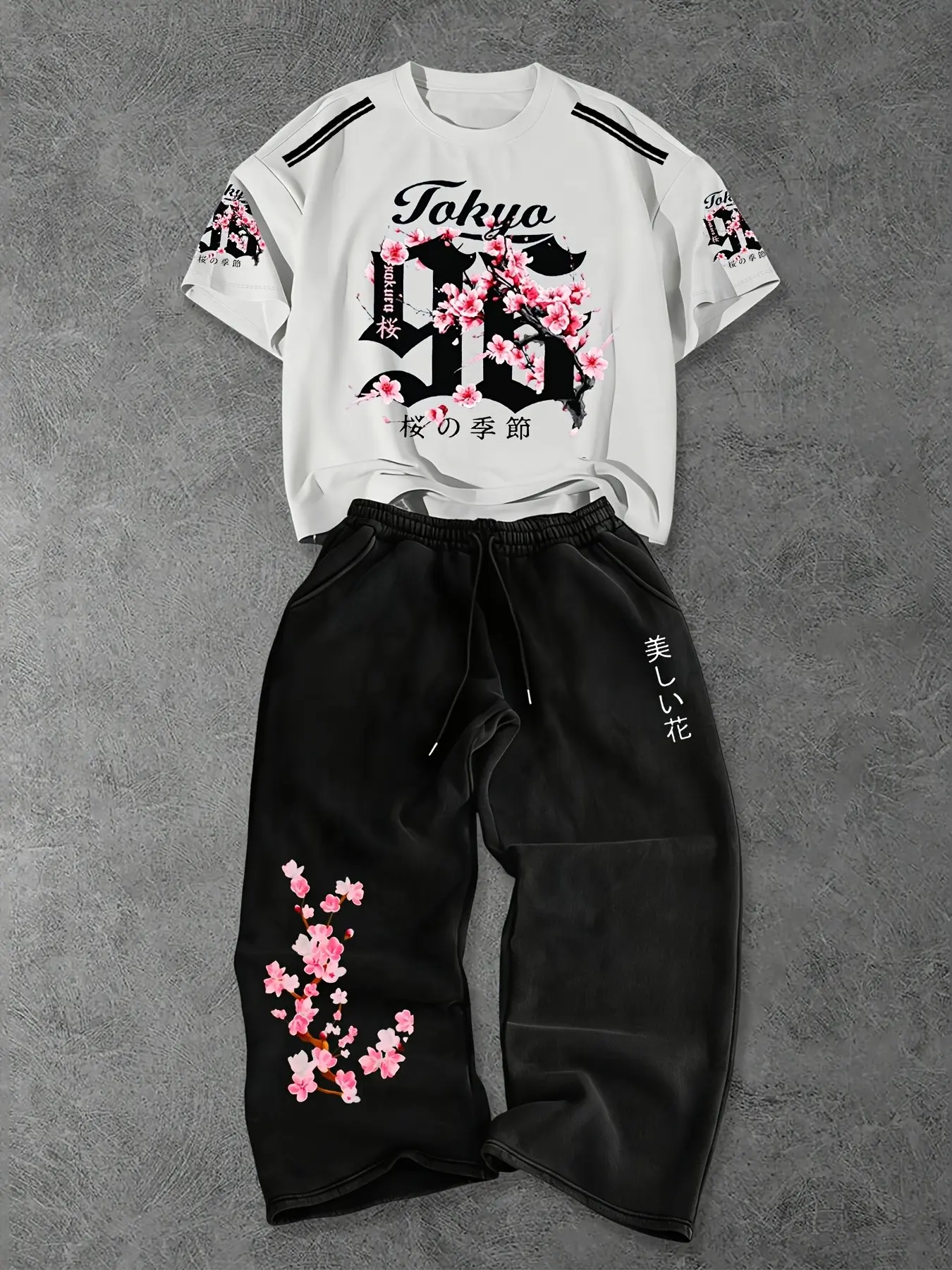Viral Cherry Blossom Print 2 Piece Outfit Set Y2K Japanese Streetwear Oversized Tee & Baggy Pants Tokyo Style Kanji Graphic Aesthetic Casual Daily OOTD Summer Tracksuit for Gen Z