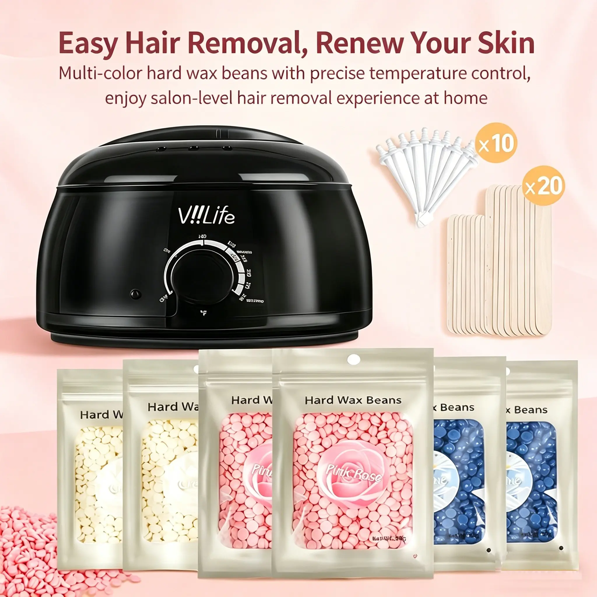 Viilife Pain-Free Salon Waxing Kit, Includes Hard Wax Pot Heater, Cream Beans, Rose Beans, Chamomile Beans, Application Sticks, Nose Hair Remover, Wax Beads