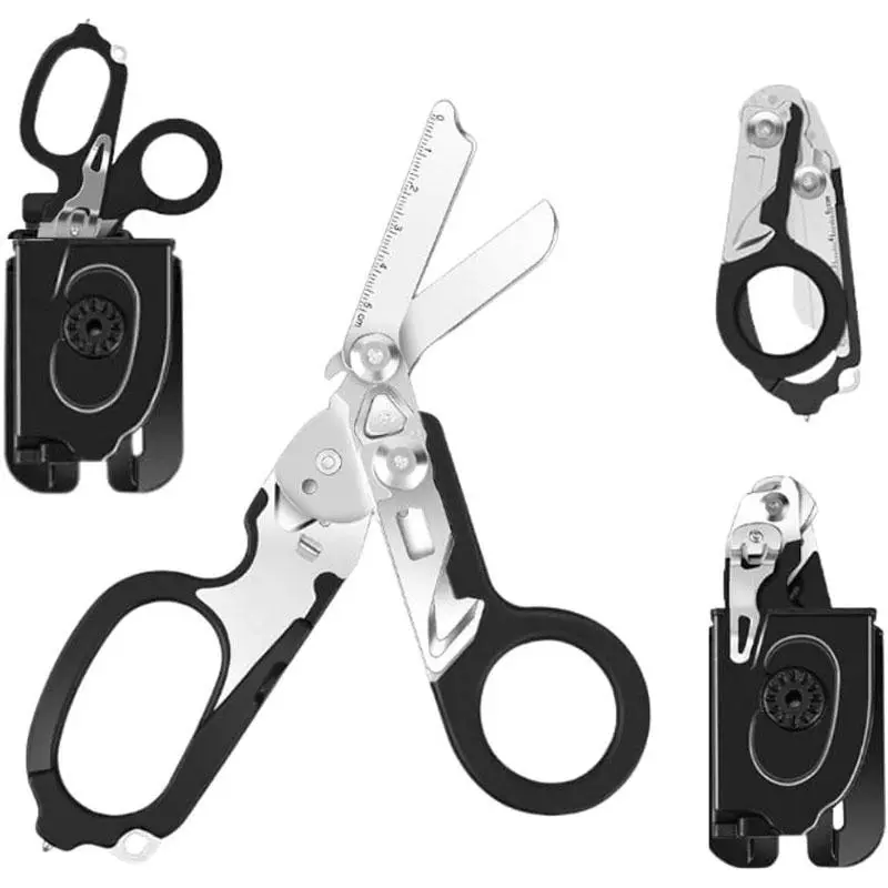 6 in 1 Multifunctional Trauma Shears Foldable with Strap Cutter | Heavy Duty Stainless Steel Emergency Response Shears | Survival Shears With Holster | Medical Trauma shears Tactical | Black Heavy Duty Scissor Cutting Hardware | Cutting Supplies