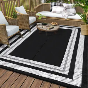 GARVEE Outdoor Rug 8x10 Area Rugs for Patio Waterproof Plastic Straw Rug Reversible Patio Rugs RV Camping Outdoor Carpet for Porch Patio Outside RV Deck Balcony Picnic Beach Decor Border-Black/White