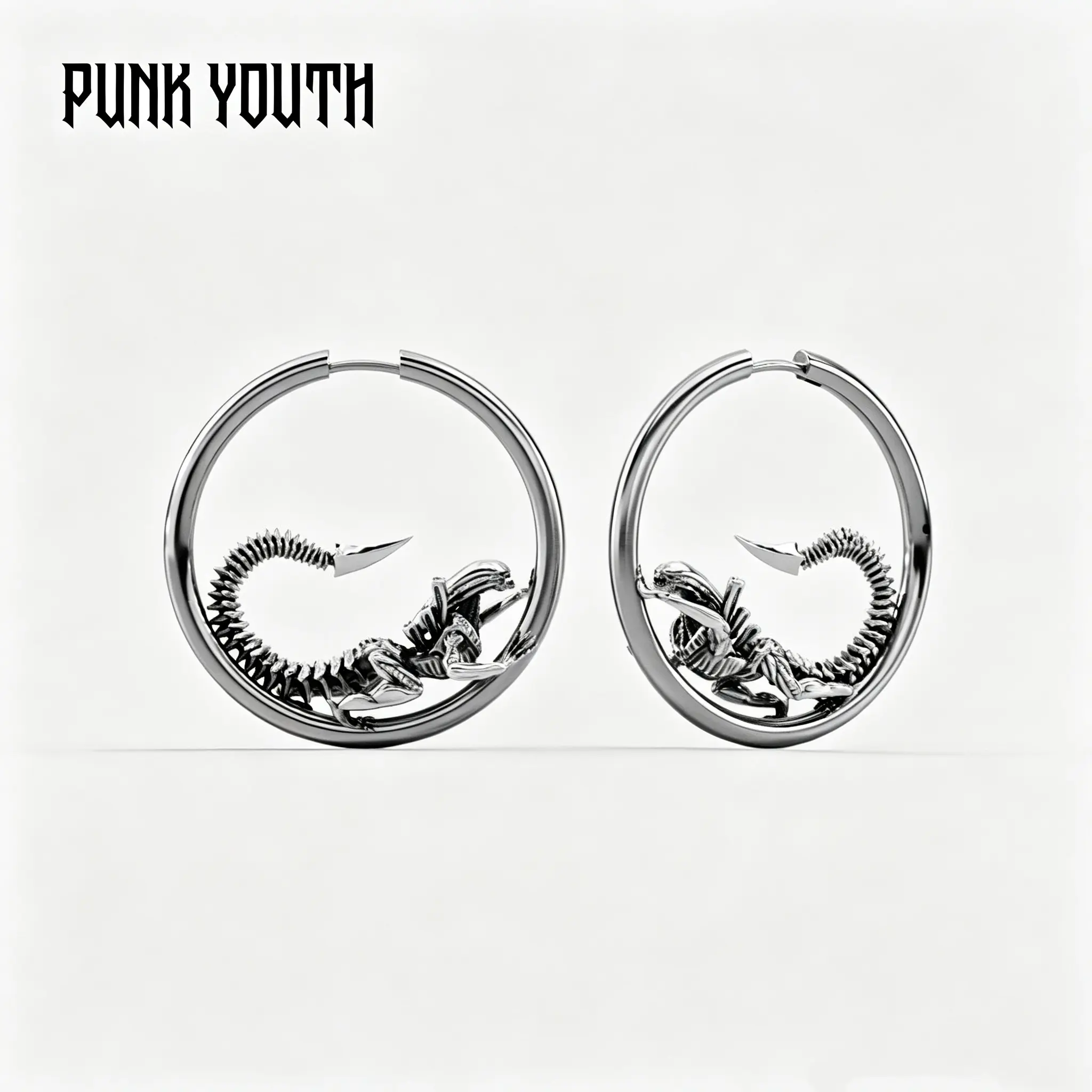 925 Sterling Silver post BIOMECHANICAL ALIEN HOOP EARRINGS
