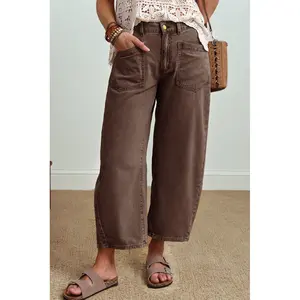 Women's Solid Color Coffee Jeans with Square Patch Pocket, Ankle-Length Barrel Cut