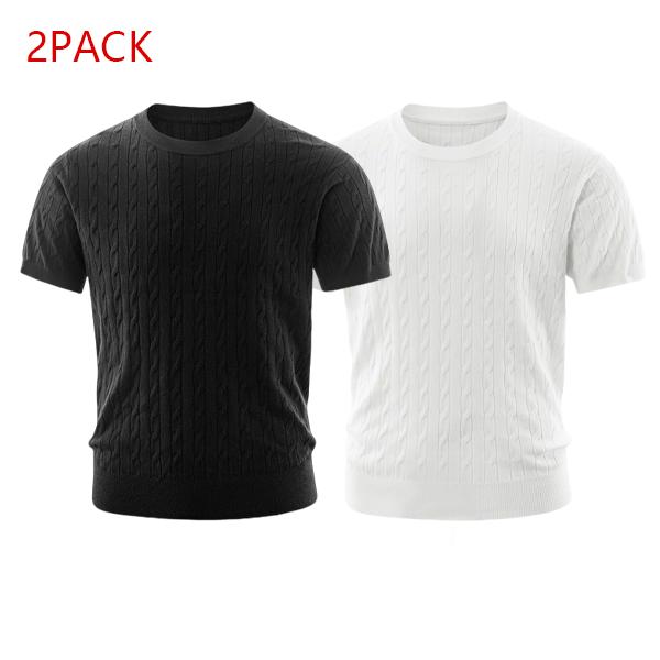 2PACK Men's Cable Knit Tees  Trendy Textured Short Sleeve Shirts, Soft Comfy Casual Crew Neck Tops, Essential Streetwear