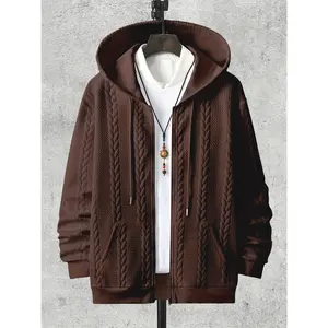 [Brown Hooded Jacket] Stylish Brown Men's Hooded Jacket |   Long Sleeve, Casual Knit Zip-Up with Pockets - Polyester, All-Season Wear
