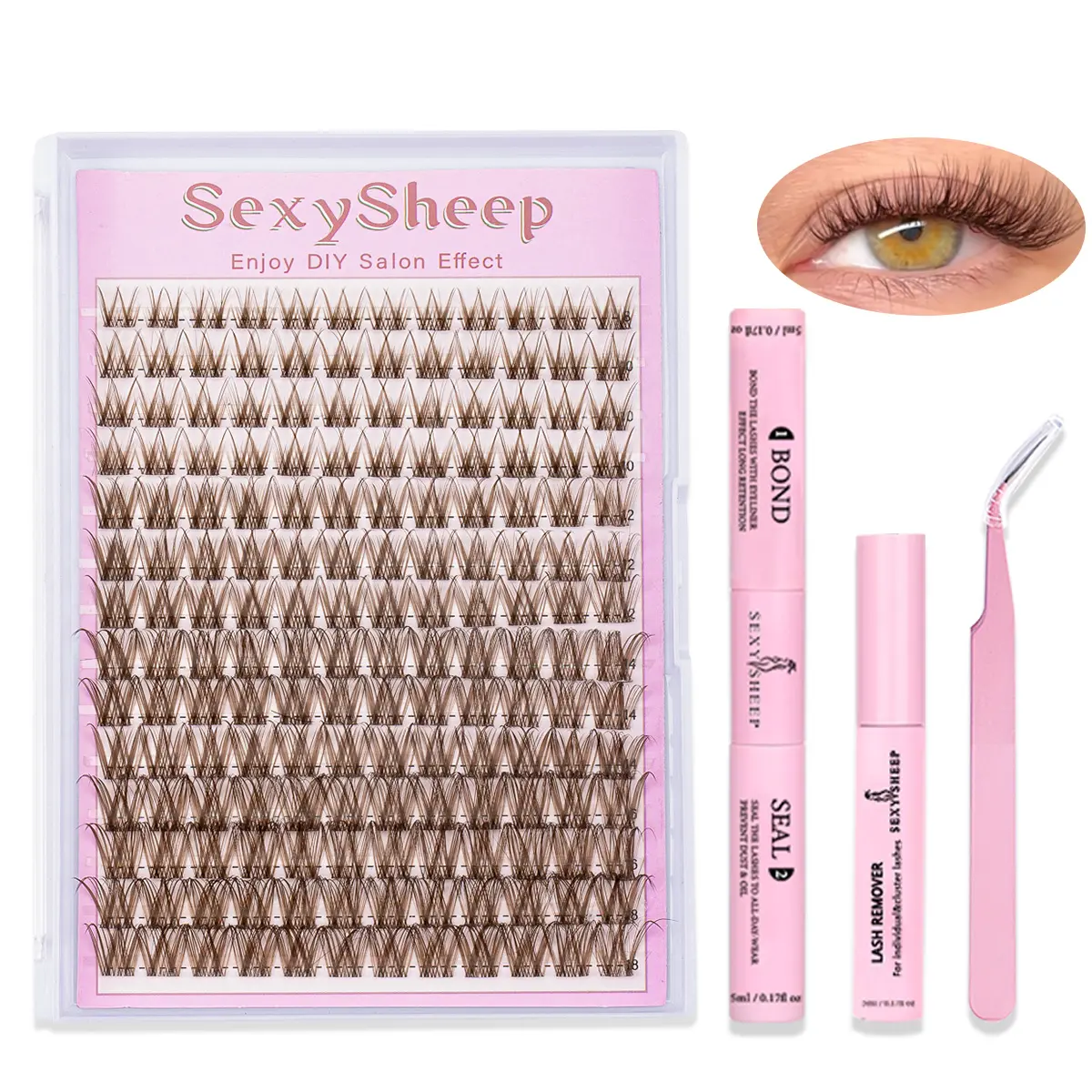Sexysheep Brown Lash Clusters Kit, Natural Lash Clusters, Diy False Eyelashes, Diy Volume Eyelashes, Brown Eyelash Extensions Kit for DIY, D Curl Eyelashes, Diy Lash Set, with Mixed Lengths Kit with Bond&Seal&Remove&Eyelash Tweezers Glue