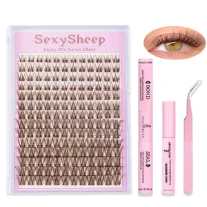 Sexysheep Brown Lash Clusters Kit, Diy False Eyelashes, Brown Eyelash Extensions Kit for DIY, D Curl Eyelashes, Beginner Friendly with Mixed Lengths Kit with Bond&Seal&Remove&Eyelash Tweezers Glue