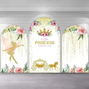 Fairy Princess Girls Arch Covers Stretchy Backdrop, Pink Flowers Gold Glitter Carriage Design, Perfect for Kids Newborn Baby Shower 1st Birthday Party Photo Backdrop