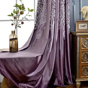 VOGOL Lavender Flannel Blackout Curtains - 2 Grommet Window Drapes with White Tree Embroidery, 52x96 in Vintage Floral Soundproof Curtains for Bedroom, Home Office