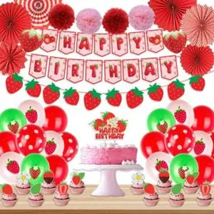 Strawberry shortcake birthday decorations banner cake toppers balloons paper pompoms fans for girls strawberry themed party