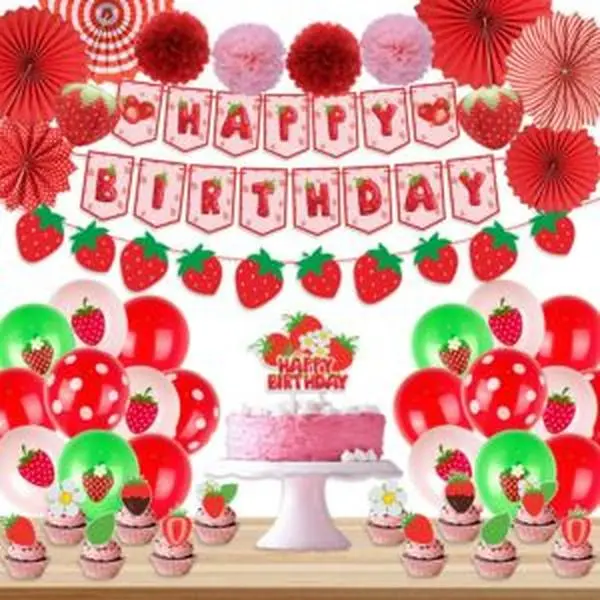 Multicoloured Strawberry Themed Happy Birthday Party Decorations Kit with Garland, Banner, Cake Toppers, Balloons, Paper Pompoms, Fans - Gifts, Party Event Props for Girls