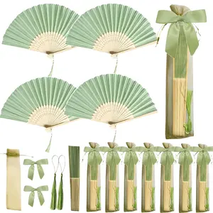 Gift for Her/Him 16pcs Green Wedding Favor Fan Set, Women's Handheld Folding Fan with Green Bow, Tassel, Gift Bag, DIY Decorative Women's Gift, Wedding Party Decoration. Suitable for Bridal Shower Favors, Return Gifts, Wedding Banquet Gifts