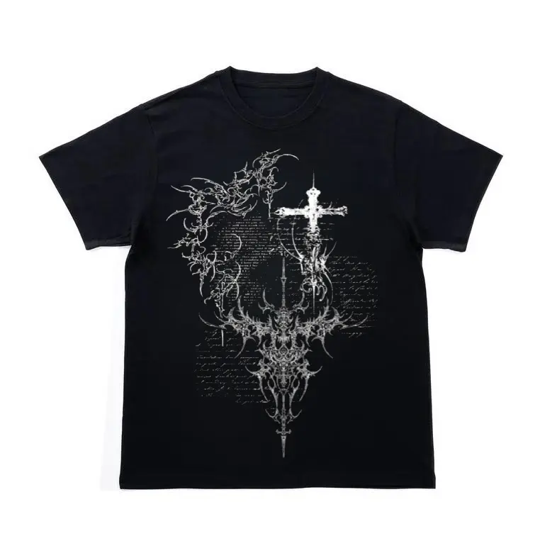 Gothic Cross Sigil T-Shirt, Y2K Grunge Cyber Script Graphic Shirt, Vintage Aesthetic Streetwear Tee, Crew Neck, Short Sleeve, Cotton, Gift for Aesthetic Him Her, Men And Womenswear Top