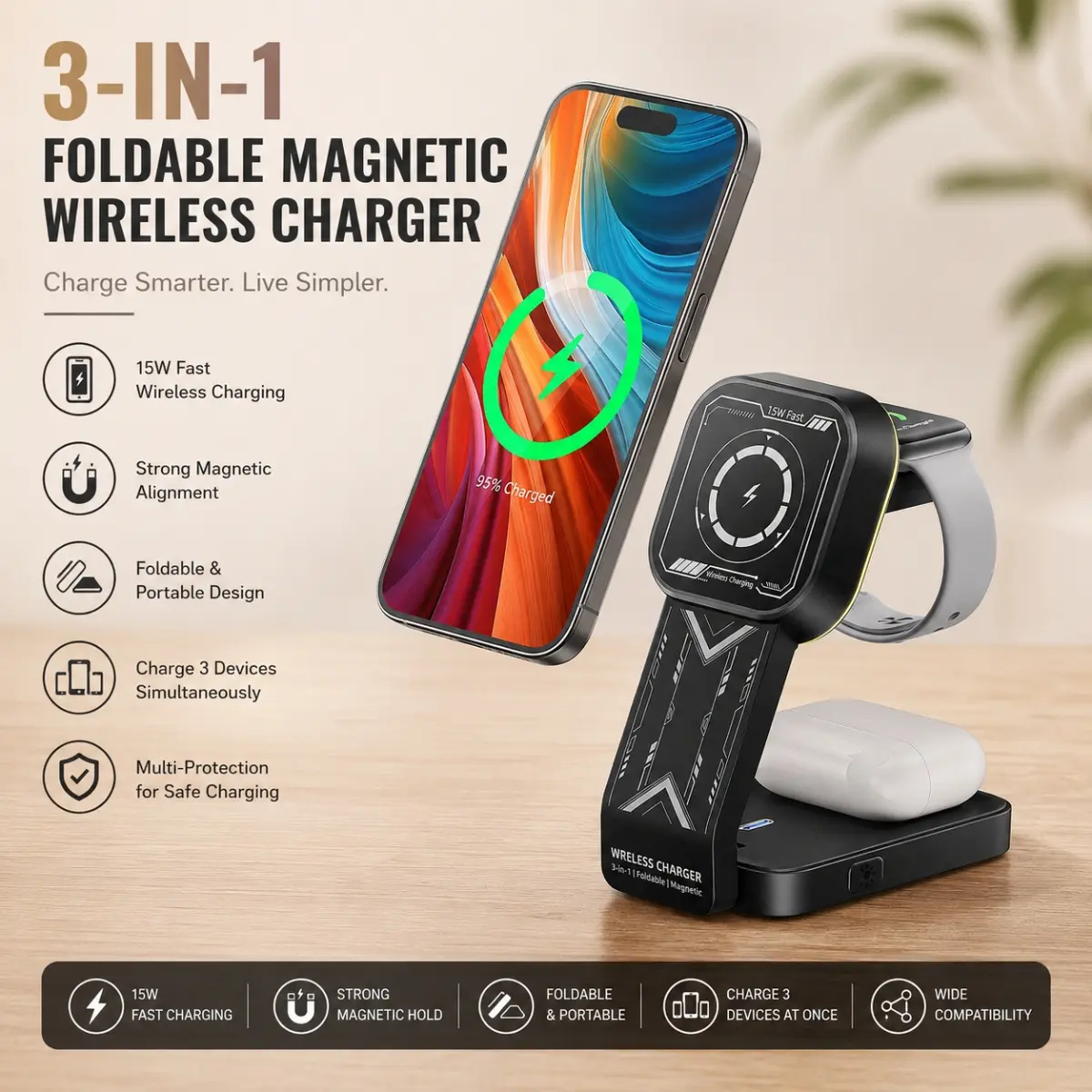 3-in-1 Foldable Magnetic Wireless Charger 15W Fast Charging Station for iPhone, Apple Watch & AirPods – Portable Travel Charging Stand Smartphone Cellphone