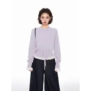 Women??s Light Purple Lace Patchwork Knit Cardigan | Short Waist-Defined Two-Layer Sweater | 2025 Autumn Winter Knit Top