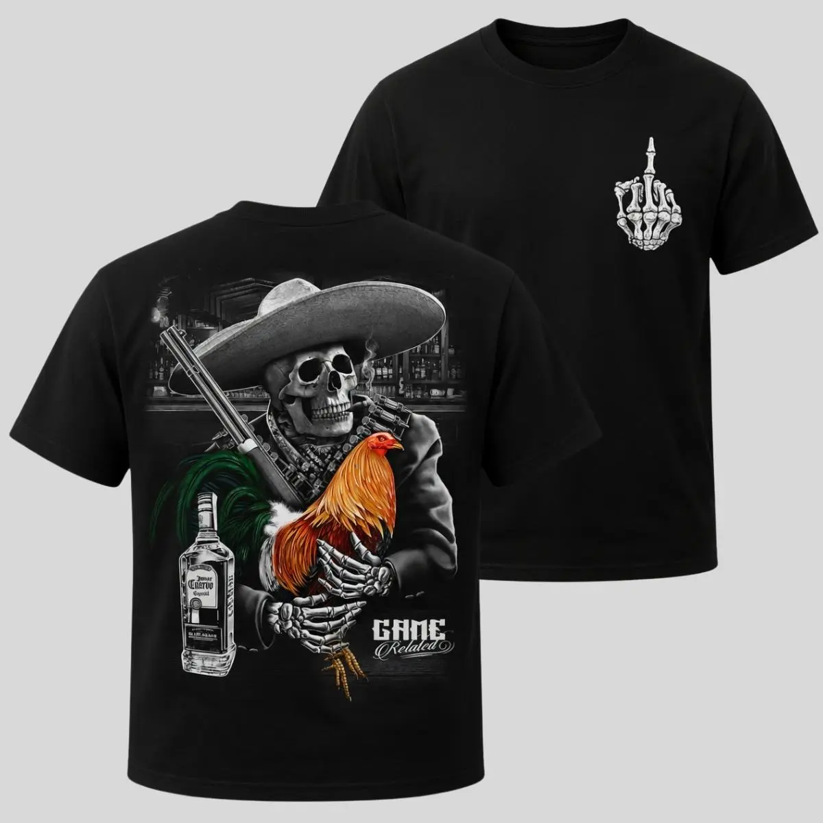 Gamefowl Rooster T-Shirt, Western Style Cotton Top with a Round Neck and Double-Sided Sombrero Skull Graphic, Unisex Gift for Enthusiasts, Tshirt