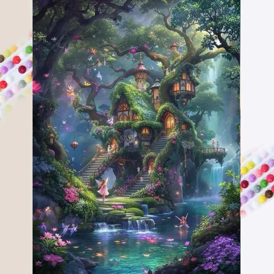 1 DIY diamond painting kit, 5D diamond art set, DIY decor, fairy forest, dream cottage, fairy stream, diamond painting kit with full round drills, mosaic, diamond art, DIY art home decor, Diamond Art Tools, handmade gifts, suitable for Christmas.