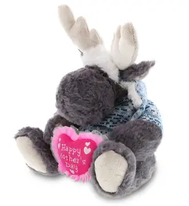 DOLLIBU Super-Soft Grey Moose Stuffed Toy - Happy Mother's Day Themed, Polyester Fabric, Embroidered Heart, Removable Clothes, 1 Dollibu Plush Grey Moose Stuffed Toy with Clothes & Heart Accent
