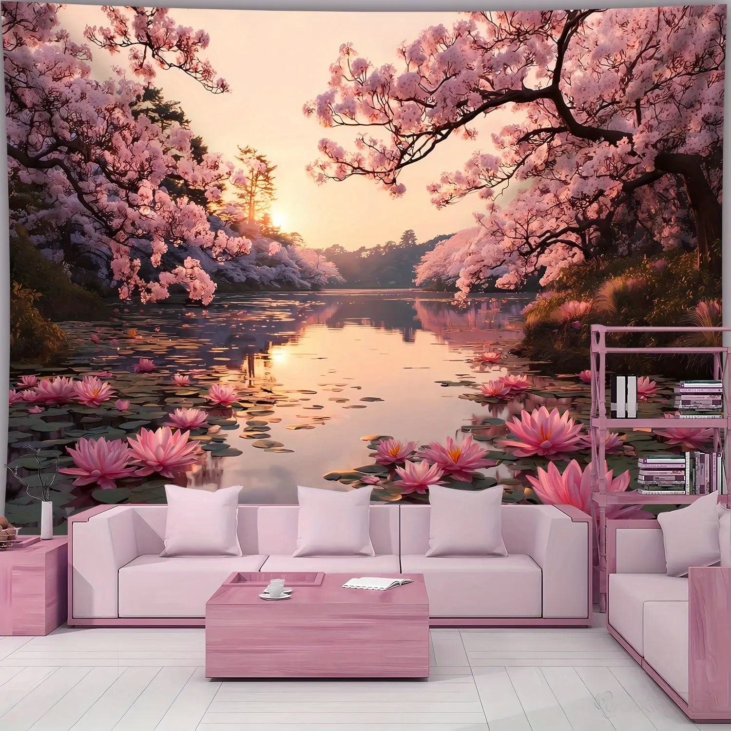 1pc Ultra-Large High-Definition Digital Printing Synthetic Polyester Tapestry - Lotus Blossom Cherry Blossom Lake Landscape Painting - Home Supplies Decor Inspo Wall Art, Wrinkle Resistant for Living Room Bedroom - Free Hanging Clips Included