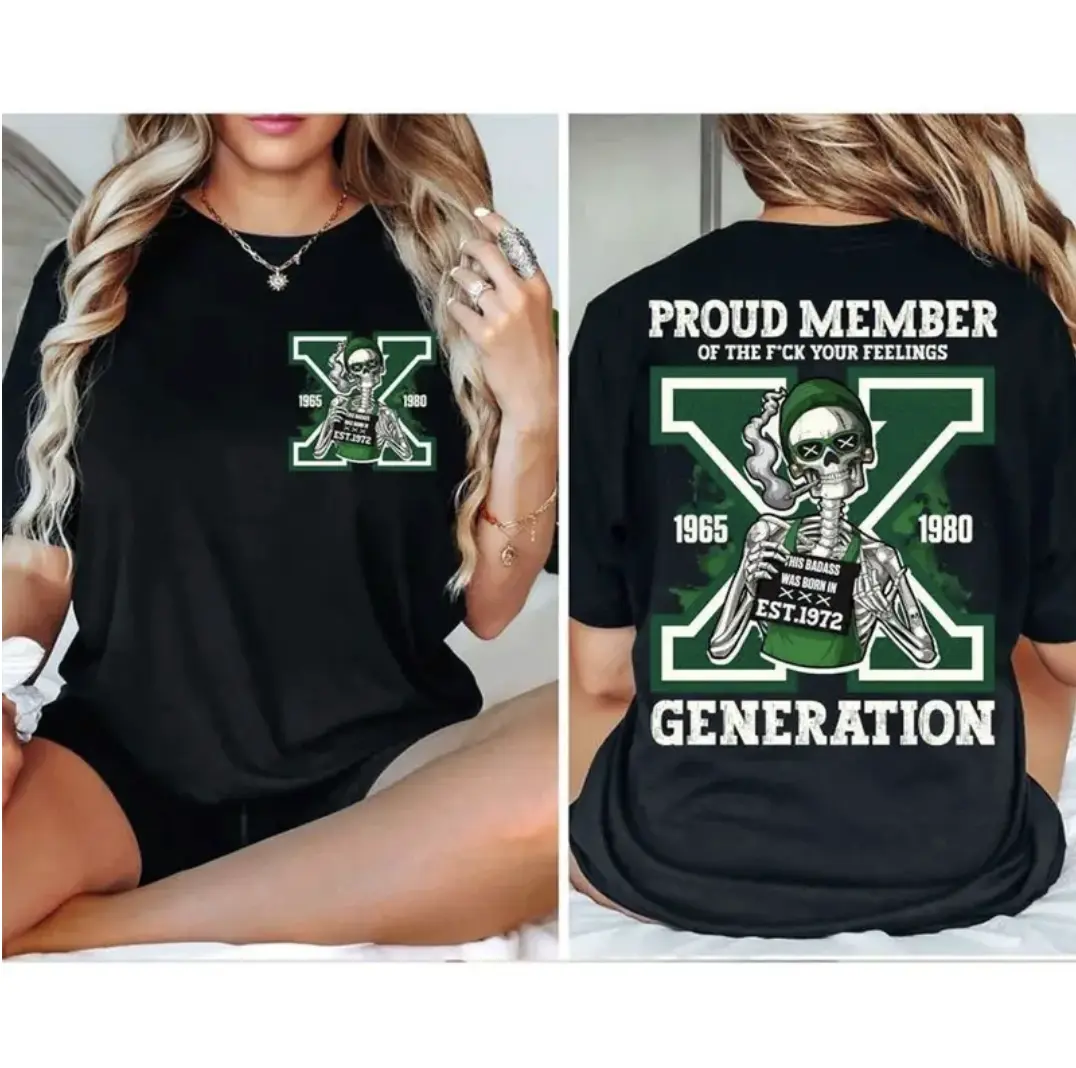 Custom Proud Member Generation X Skull 2 Side Graphic Tee, Gen X The Badass Was Born In 1965-1980 Vintage T-Shirt